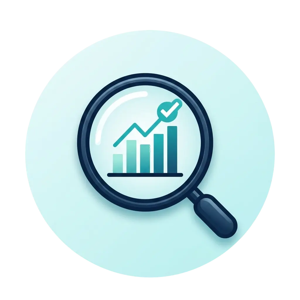 A 2D flat vector icon featuring a dark blue magnifying glass focused over a teal bar chart with a rising trend line and a white checkmark, enclosed in a soft light-blue circle.
