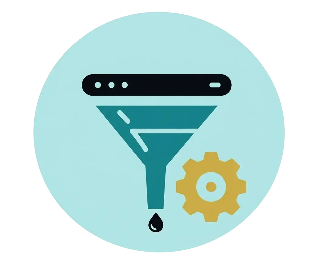 A flat 2D vector icon depicting a teal marketing and sales funnel with a dark top bar, a single droplet falling from the bottom, and a yellow gear symbol to the right, all centered inside a light blue circle.