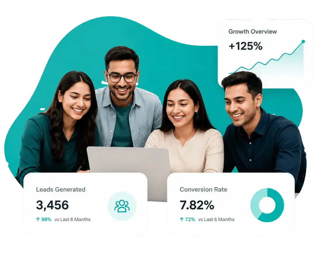 Digital marketing team collaborating around a laptop with growth analytics dashboard cards and teal business branding background.