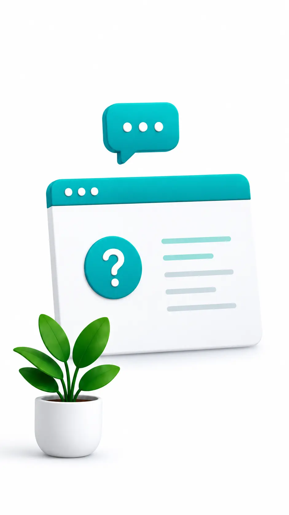 3D illustration of a customer support FAQ interface with chat bubble and help information card for business website assistance.