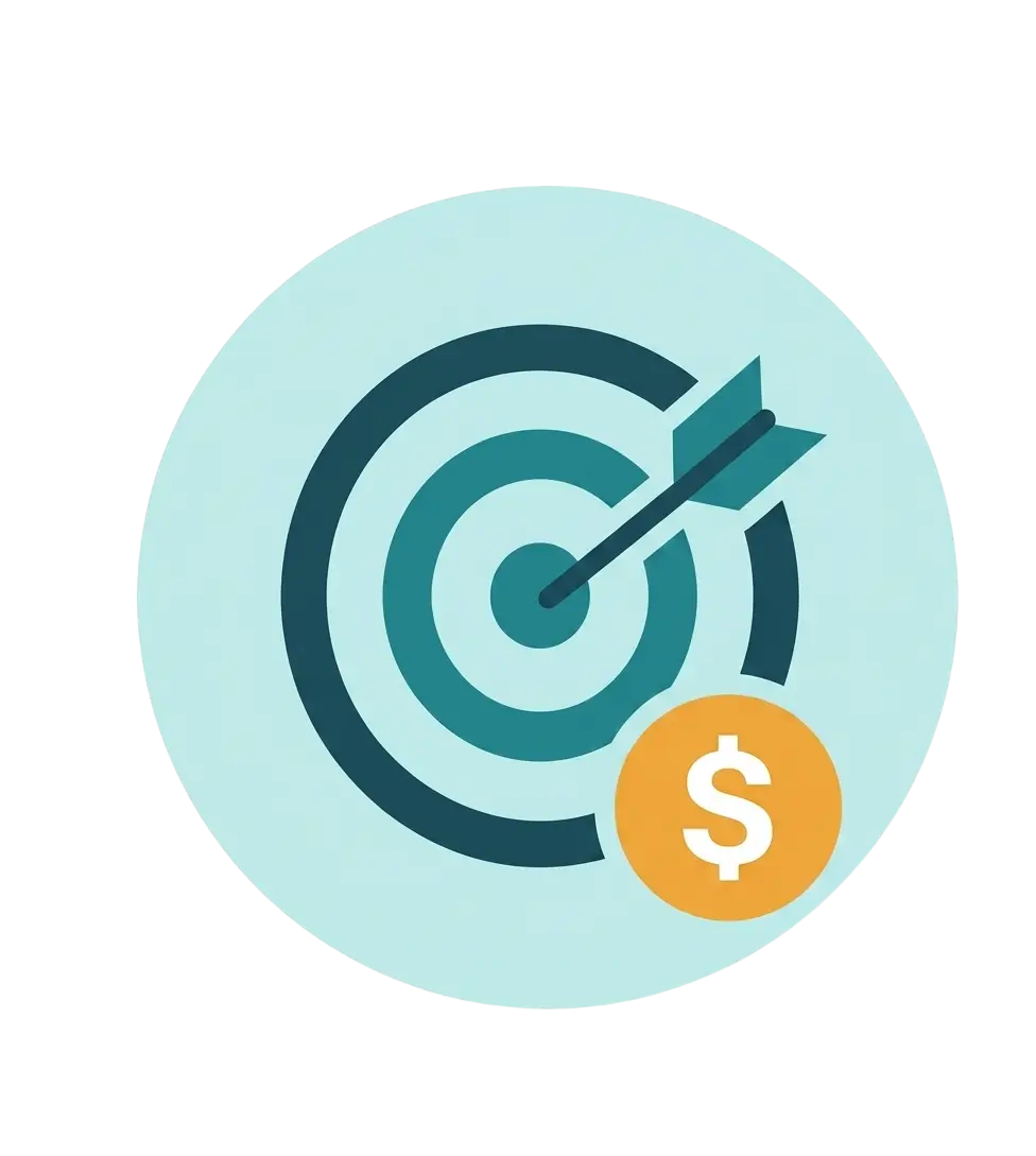 A flat 2D vector icon of a dark blue and teal archery target with an arrow hitting the bullseye, featuring a yellow dollar sign coin in the bottom right corner, set on a light teal circular background.