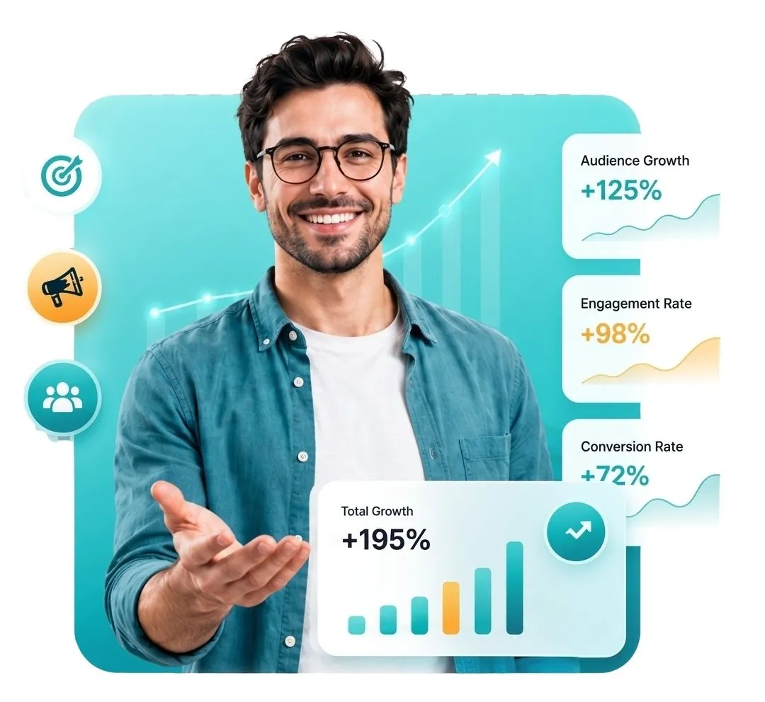 Digital marketing performance dashboard infographic showing substantial increases across key KPIs: Audience Growth +125%, Engagement Rate +98%, and Conversion Rate +72%, totaling 195% growth.