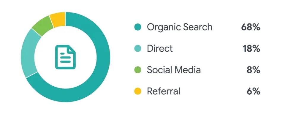 A flat vector donut chart visualizing traffic source channels with a document icon in the center. The legend and percentage breakdown show Organic Search at 68% in dark teal, Direct at 18% in light teal, Social Media at 8% in green, and Referral at 6% in yellow, presented on a borderless pure white background.