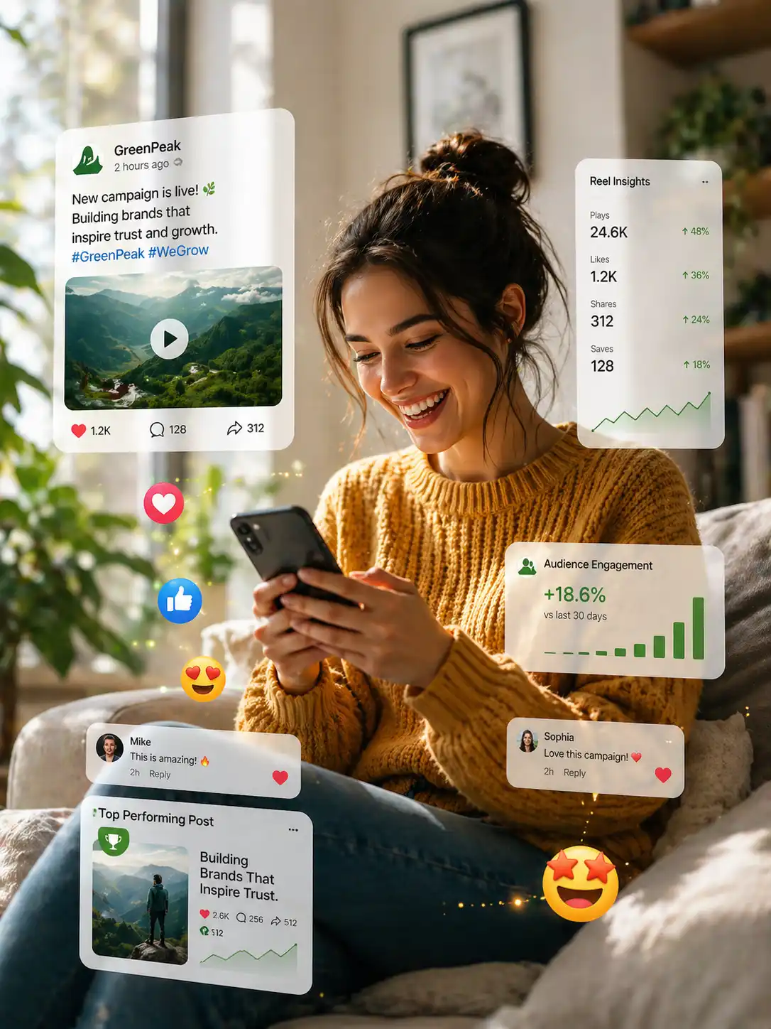 Woman using her smartphone to browse social media, appearing focused and engaged with the content.